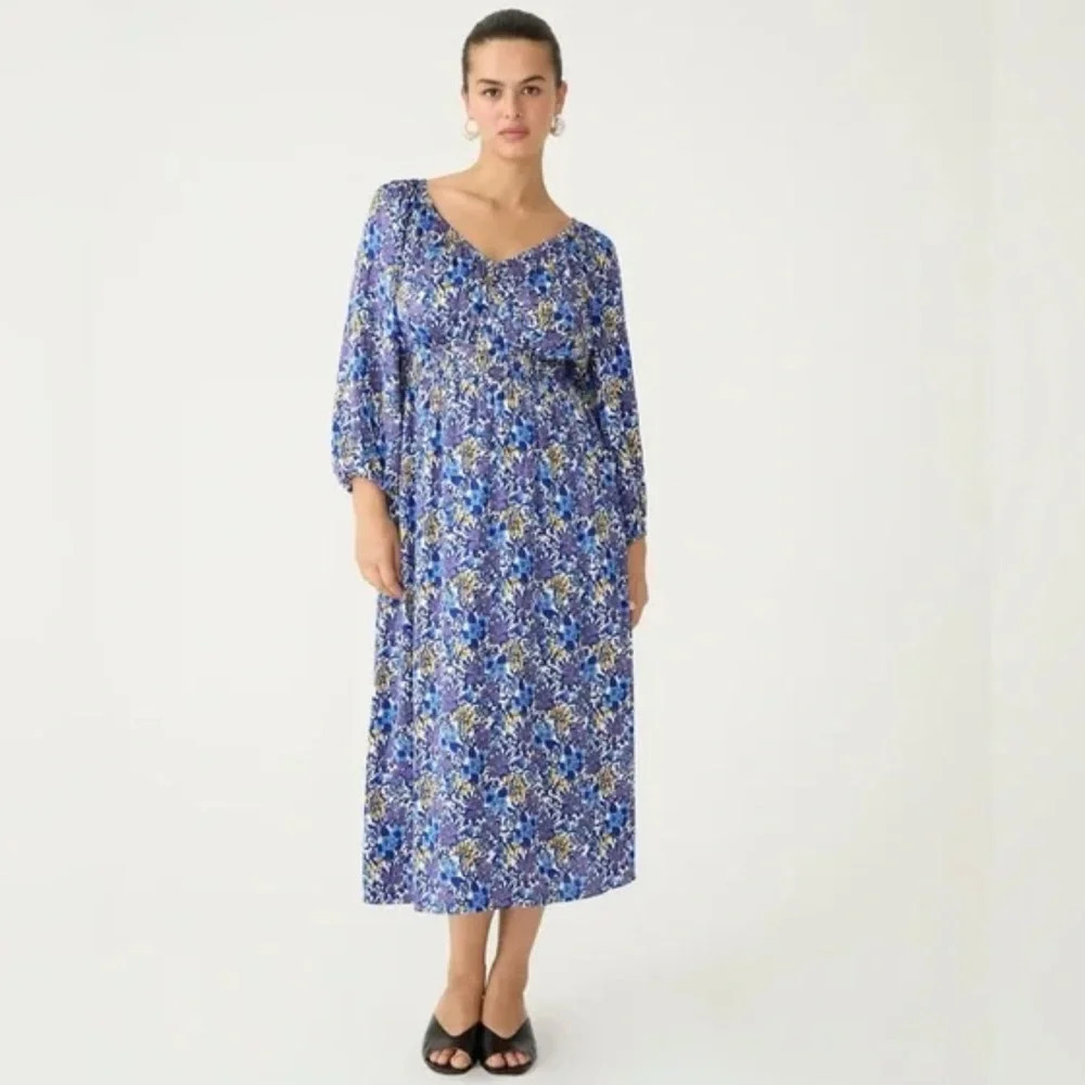 Nwot J. Crew V-Neck Midi Dress Fete Floral Print Blue Preppy Boho Casual Medium